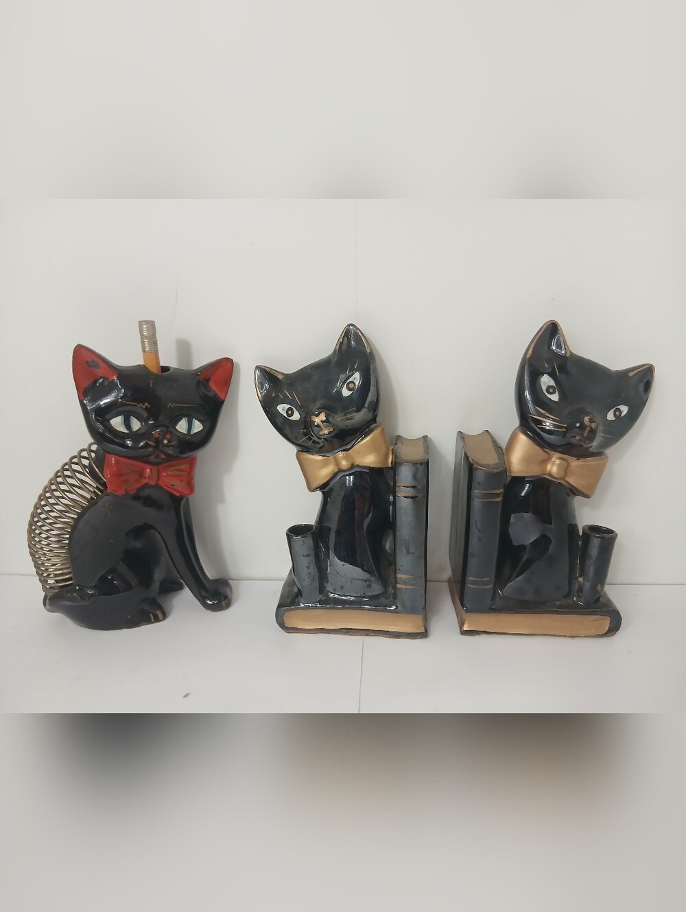Black Ceramic Cat Bookends and Pen Holder Set with Gold Accents